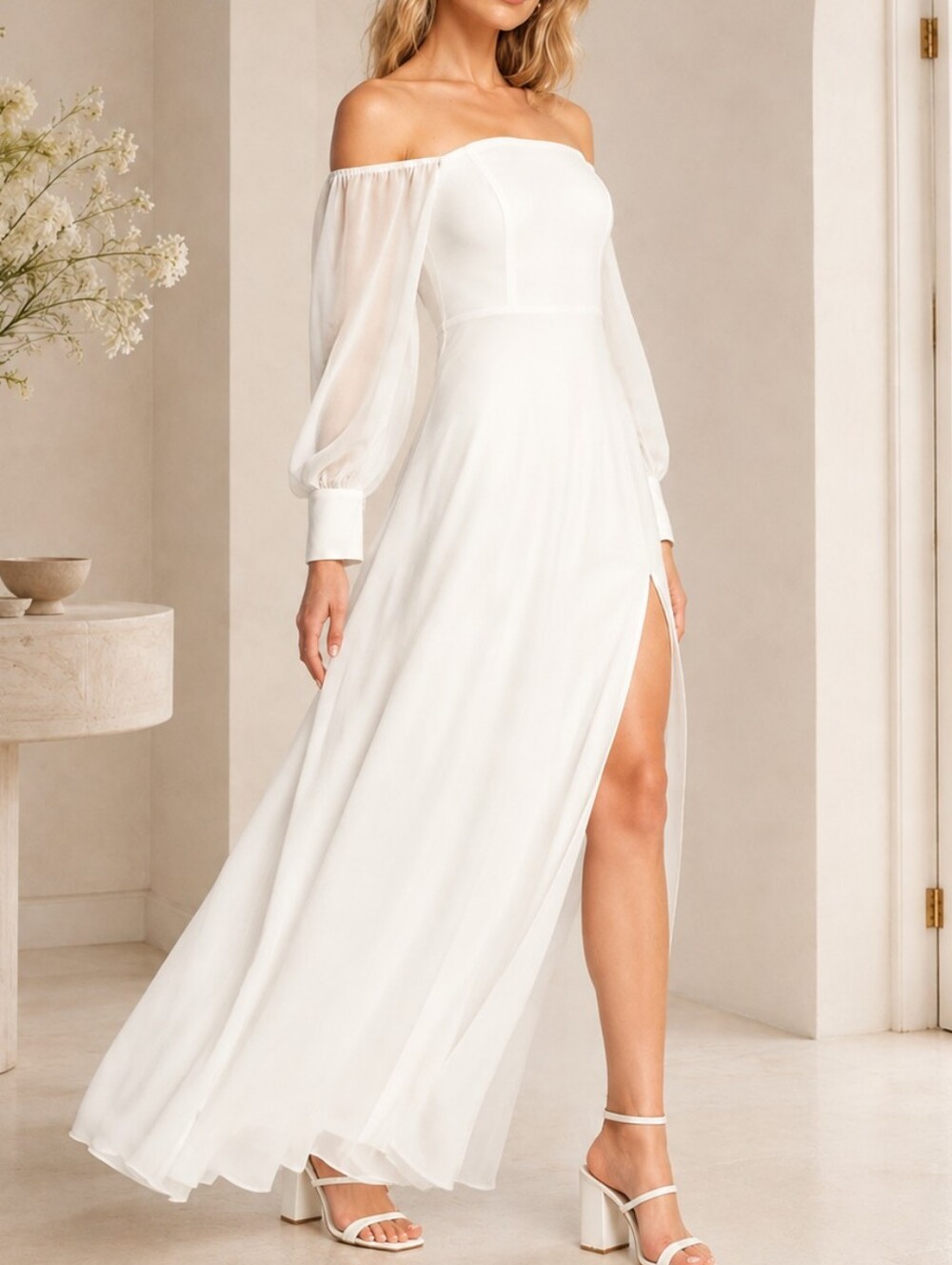 Lulus Feel the Romance White Off Shoulder Maxi Dress M Romantic Bridal Gown